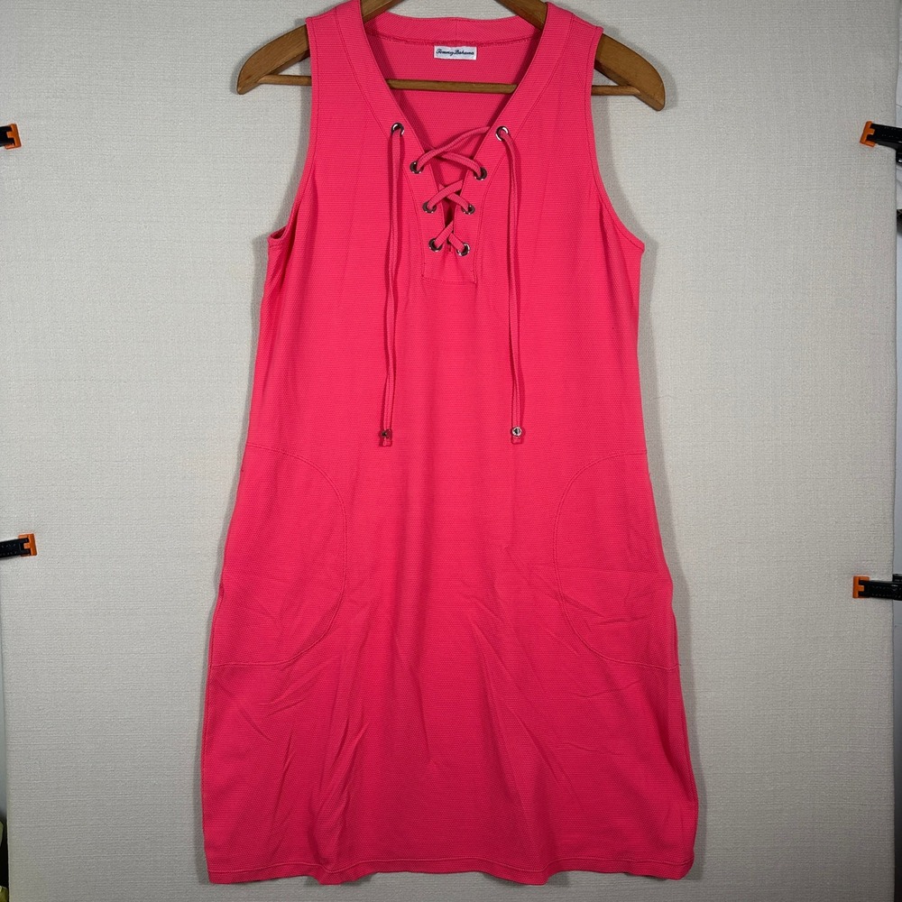 Tommy Bahama Lace Up Dress Womens Medium Pink Textured‎ Sleeveless Shift